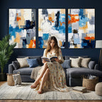 Blue Teal Abstract Canvas Wall Art, Modern Brushstroke Style Painting Print, Navy Orange Contemporary Decor
