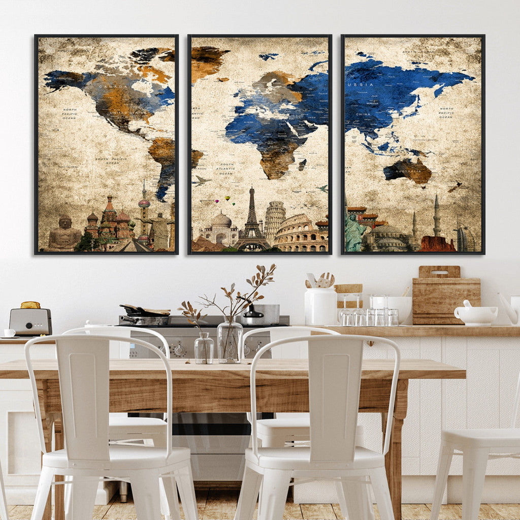 World Map Canvas Print | Vintage Blue and Gold World Map Wall Art