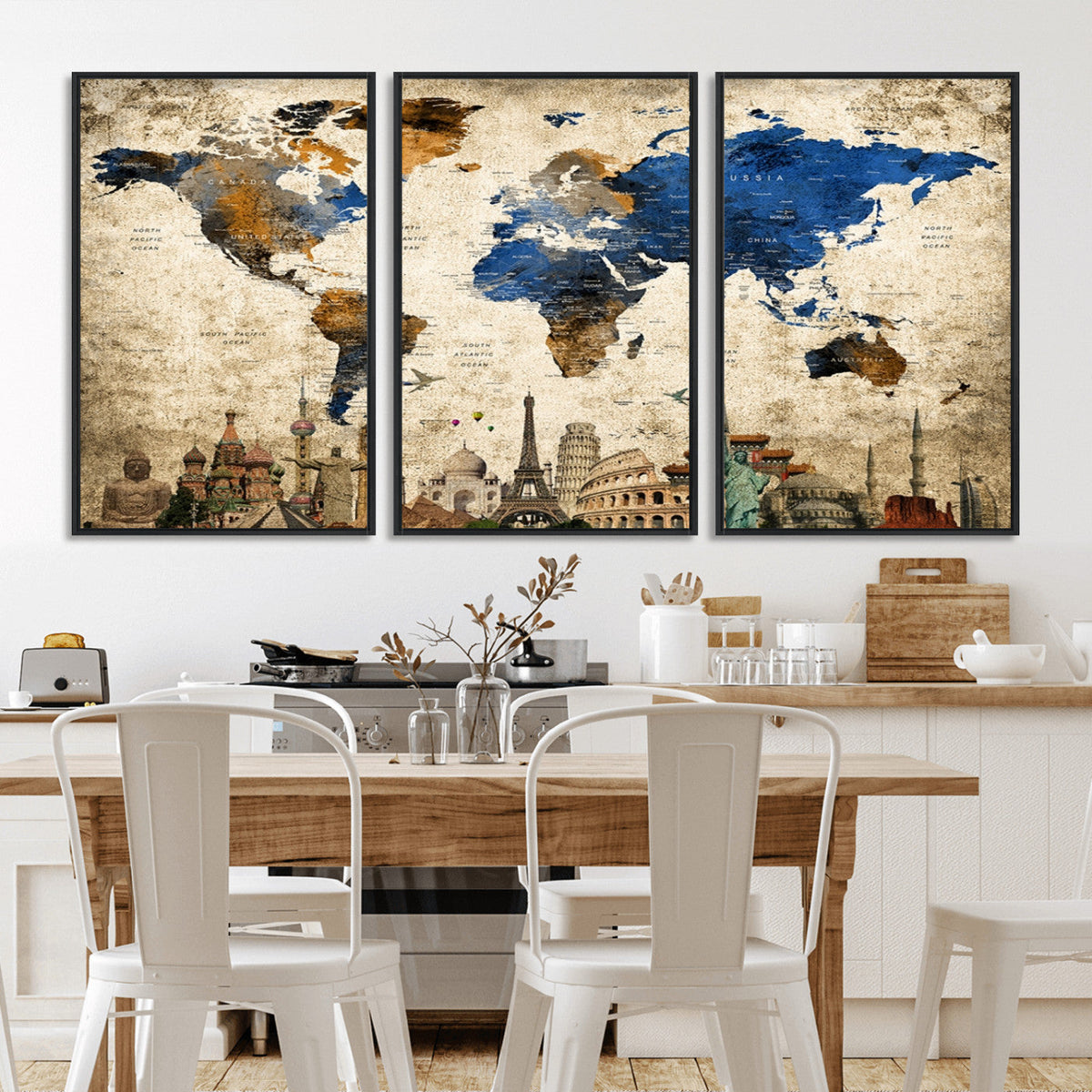 World Map Canvas Print | Vintage Blue and Gold World Map Wall Art