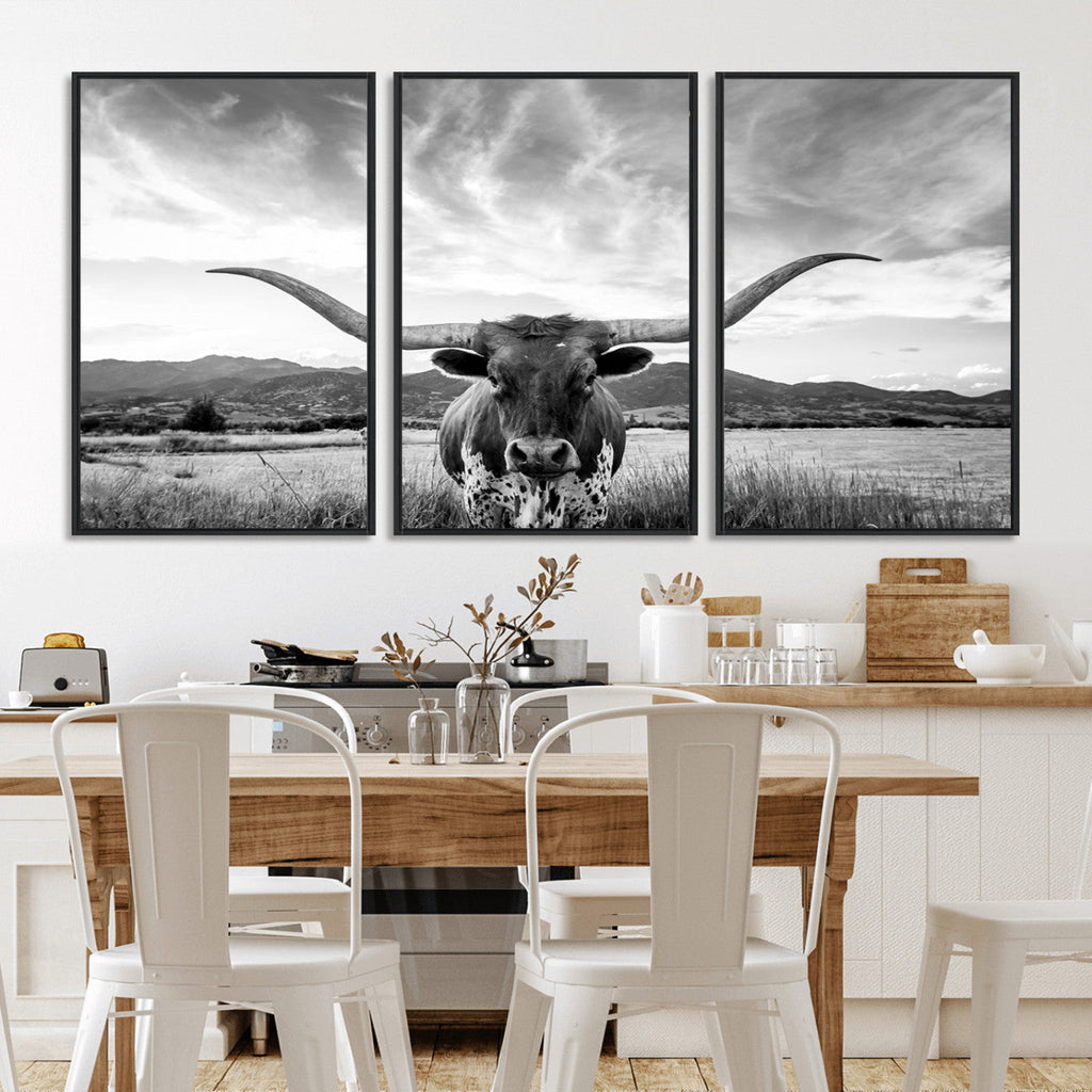 Longhorn Black and White Wall Art | Rustic Western Bull Canvas Print