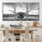 Longhorn Black and White Wall Art | Rustic Western Bull Canvas Print