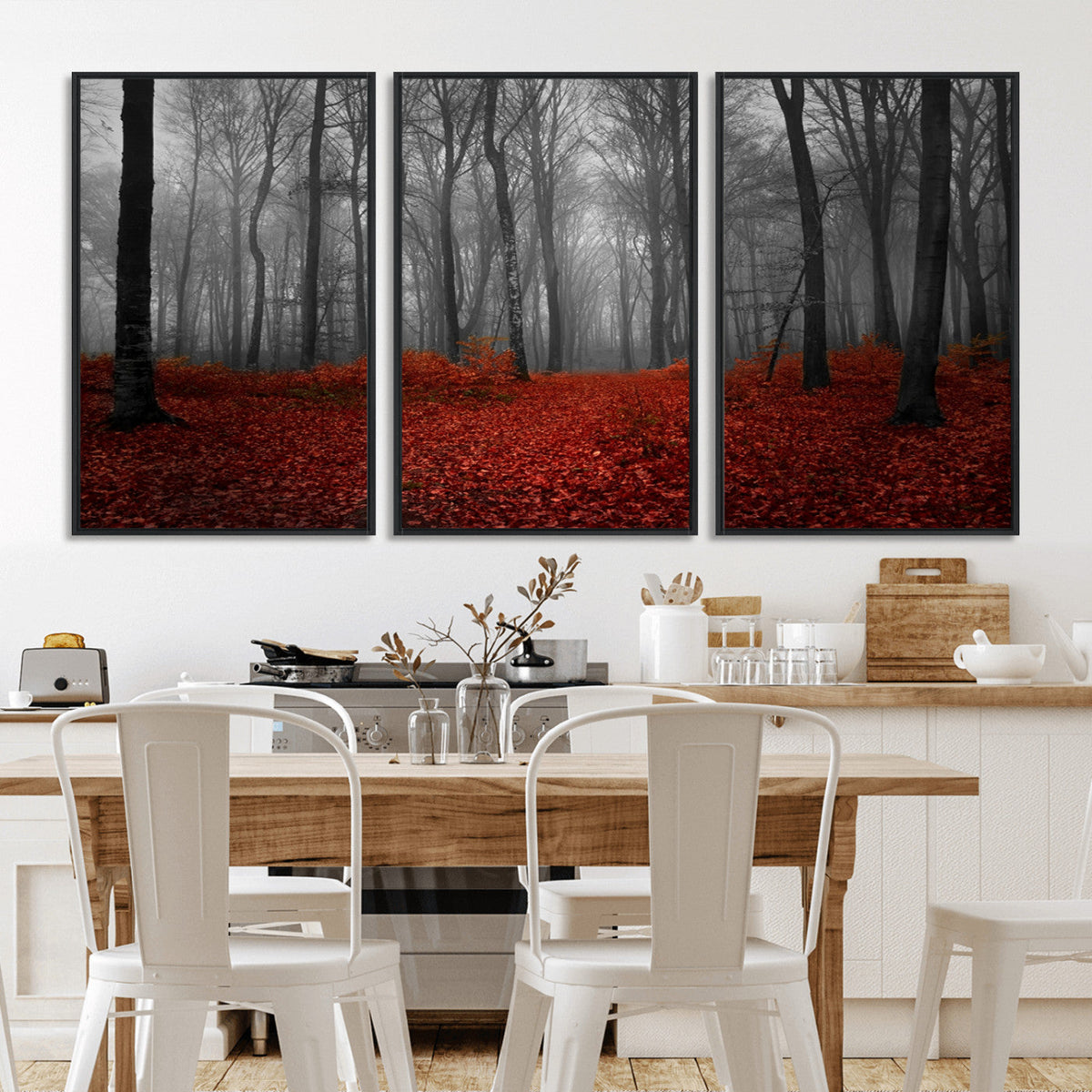 Red Forest Floor Canvas Wall Art | Mystical Foggy Woodland Triptych