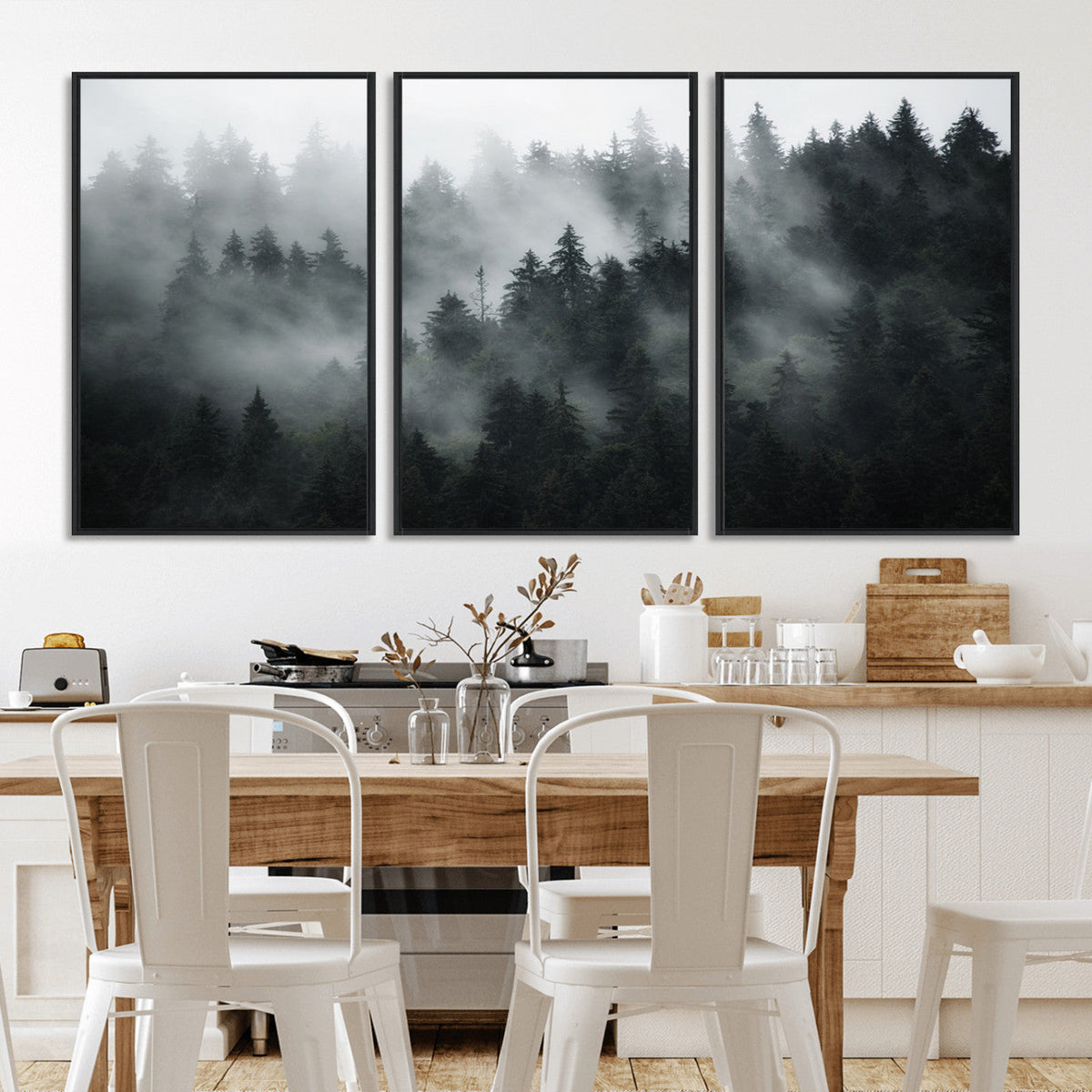 Foggy Forest Wall Art Canvas Print | 3 Panel Large Misty Landscape