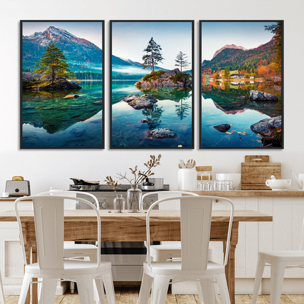Crystal Clear Lake Wall Art | Mountains Wall Art Canvas | 3 Panel Landscape