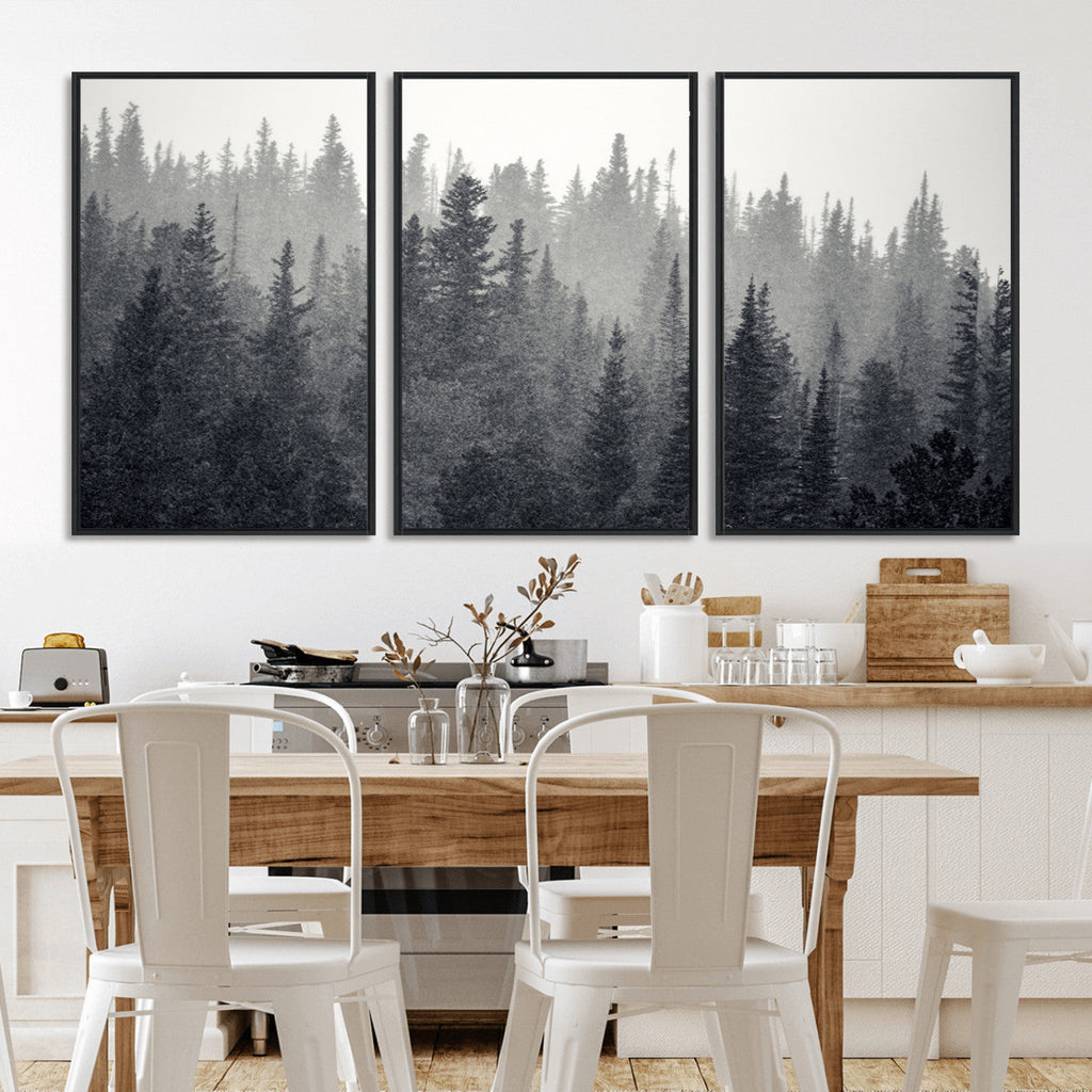 Misty Forest Canvas Wall Art | Monochrome Triptych Pine Tree Print