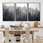 Misty Forest Canvas Wall Art | Monochrome Triptych Pine Tree Print