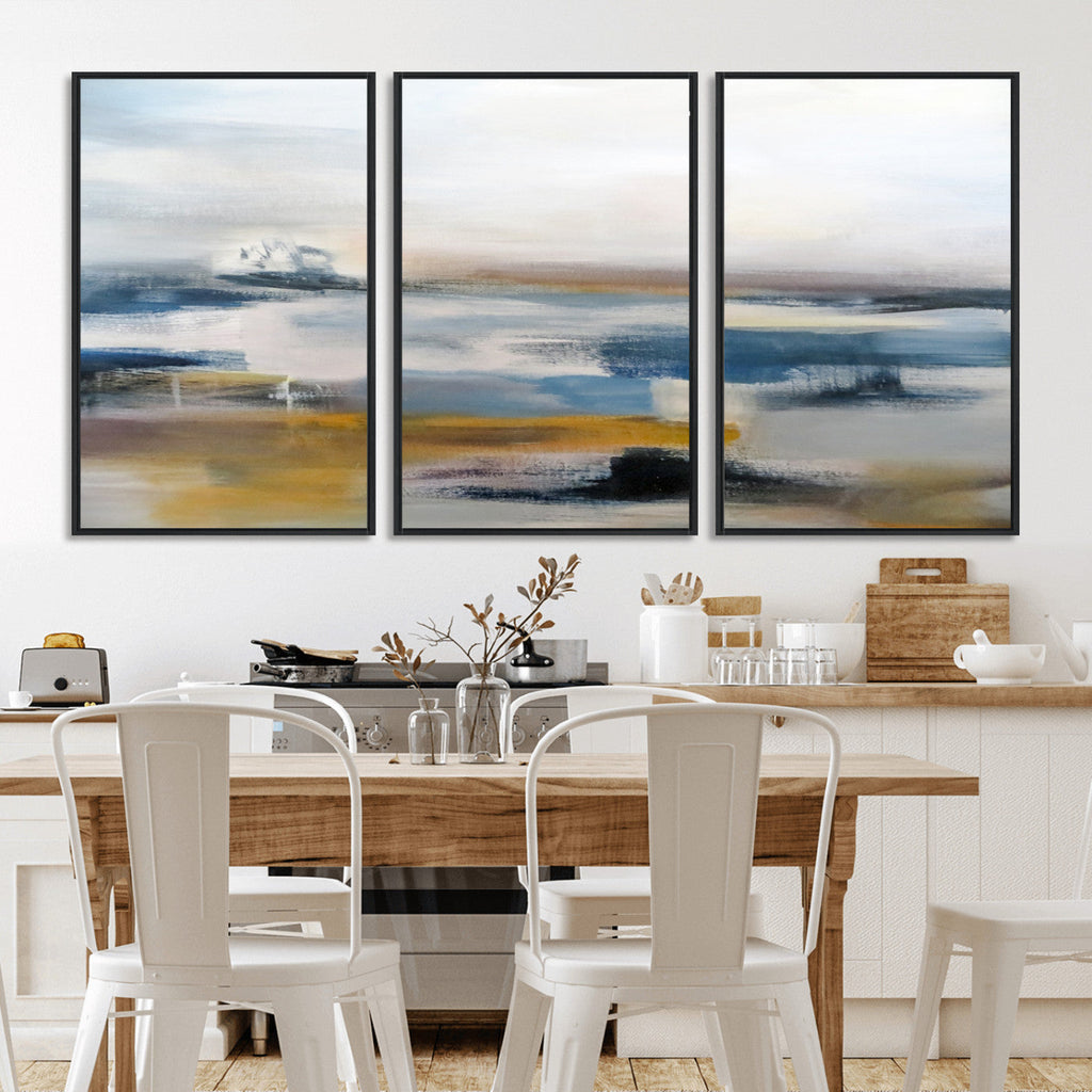 Abstract Landscape Wall Art Canvas | 3 Panel Modern Blue, Gold and White Canvas Art