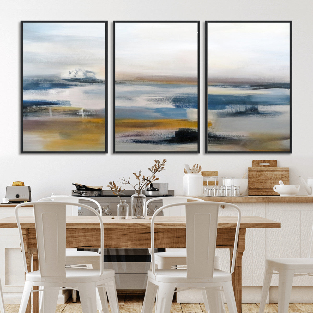 Abstract Landscape Wall Art Canvas | 3 Panel Modern Blue, Gold and White Canvas Art