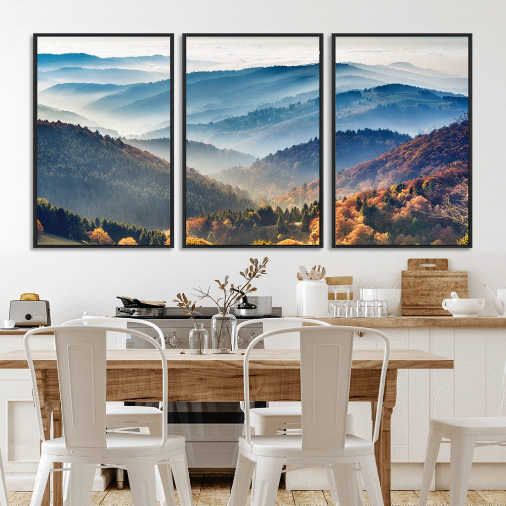 Misty Mountain Sunrise Triptych Canvas Print | Autumn Landscape Wall Art
