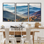 Misty Mountain Sunrise Triptych Canvas Print | Autumn Landscape Wall Art