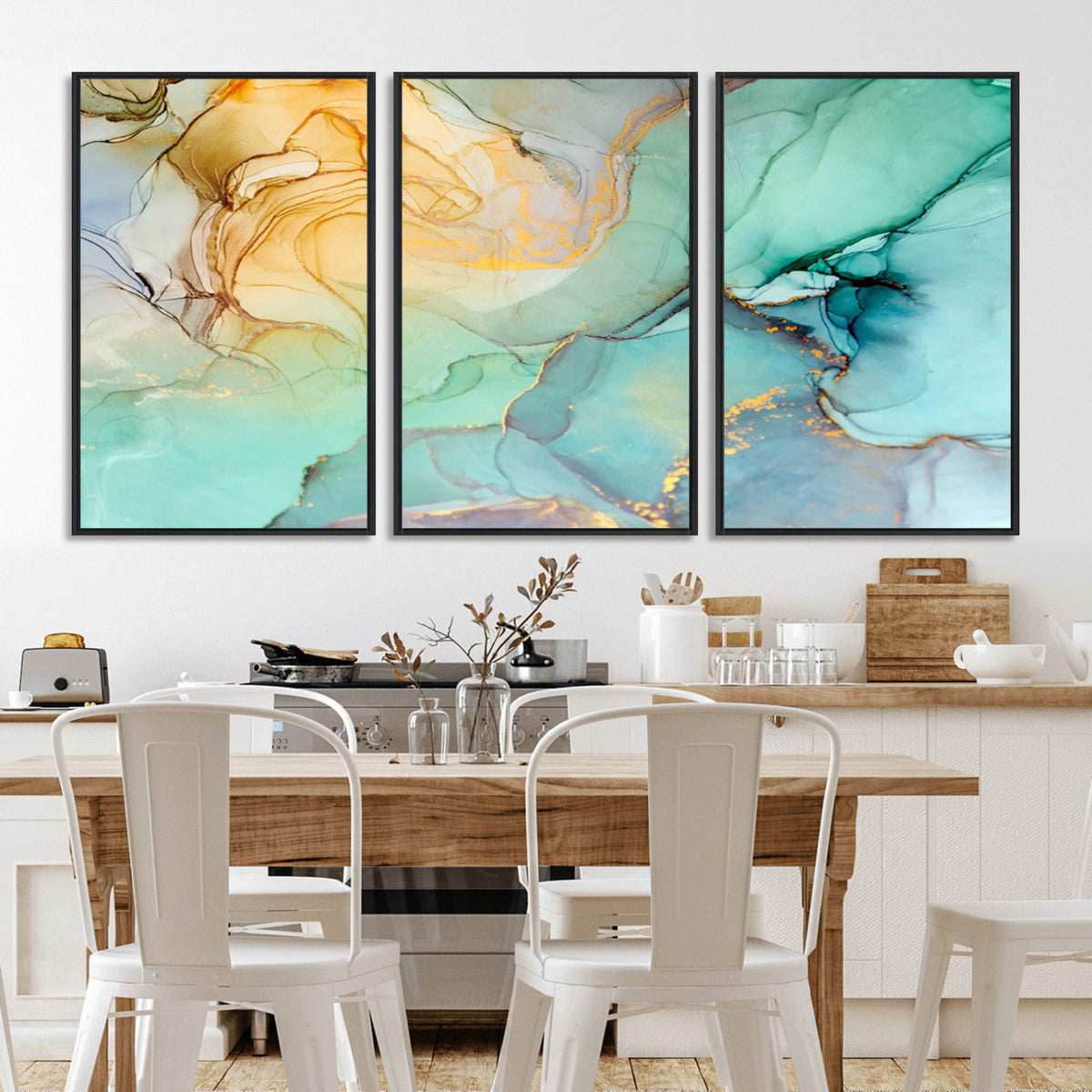 Abstract Aqua and Gold Fluid Wall Art Canvas | 3 Panel Large Canvas Print