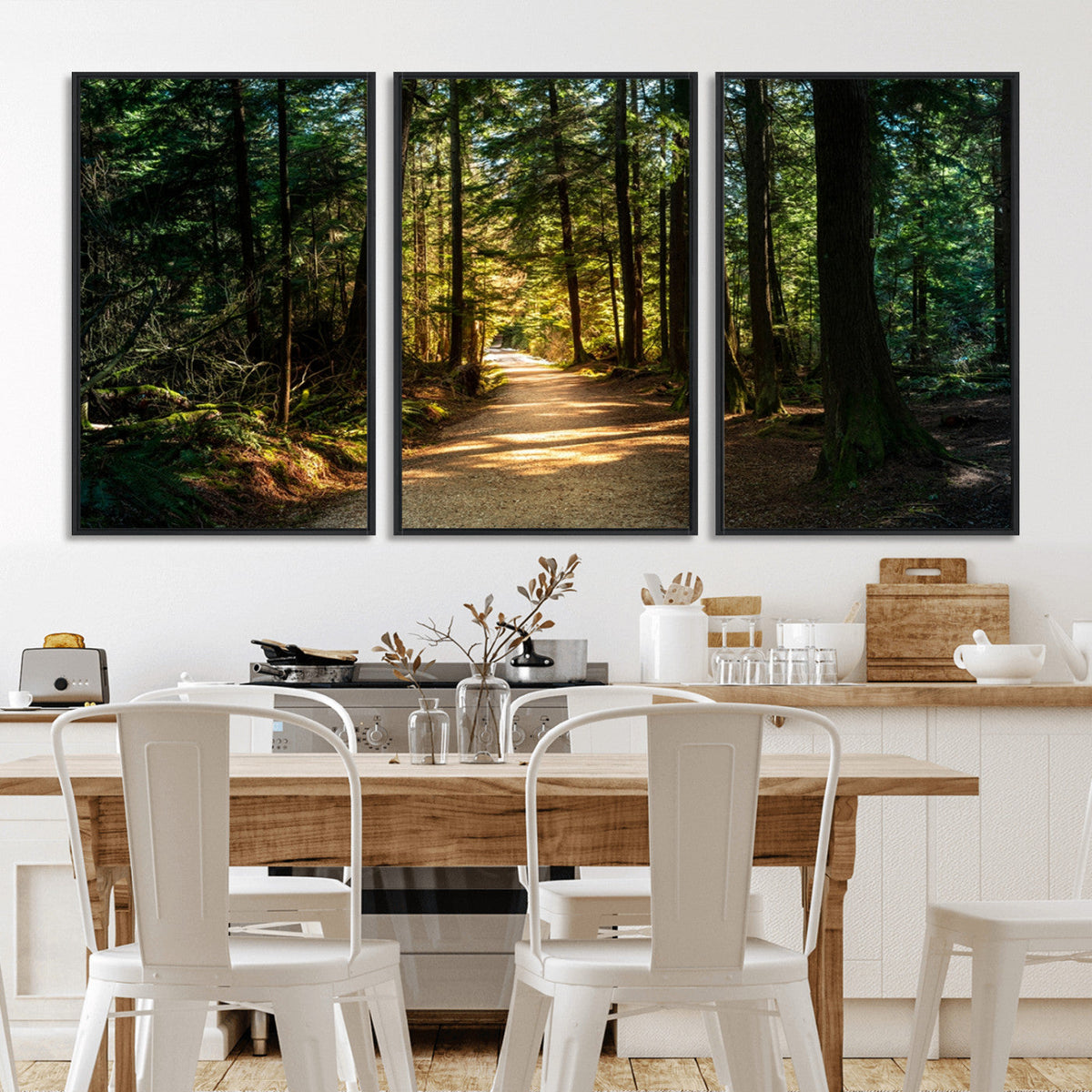 Sunlit Forest Pathway Canvas Print | 3 Panel Large Nature Wall Art
