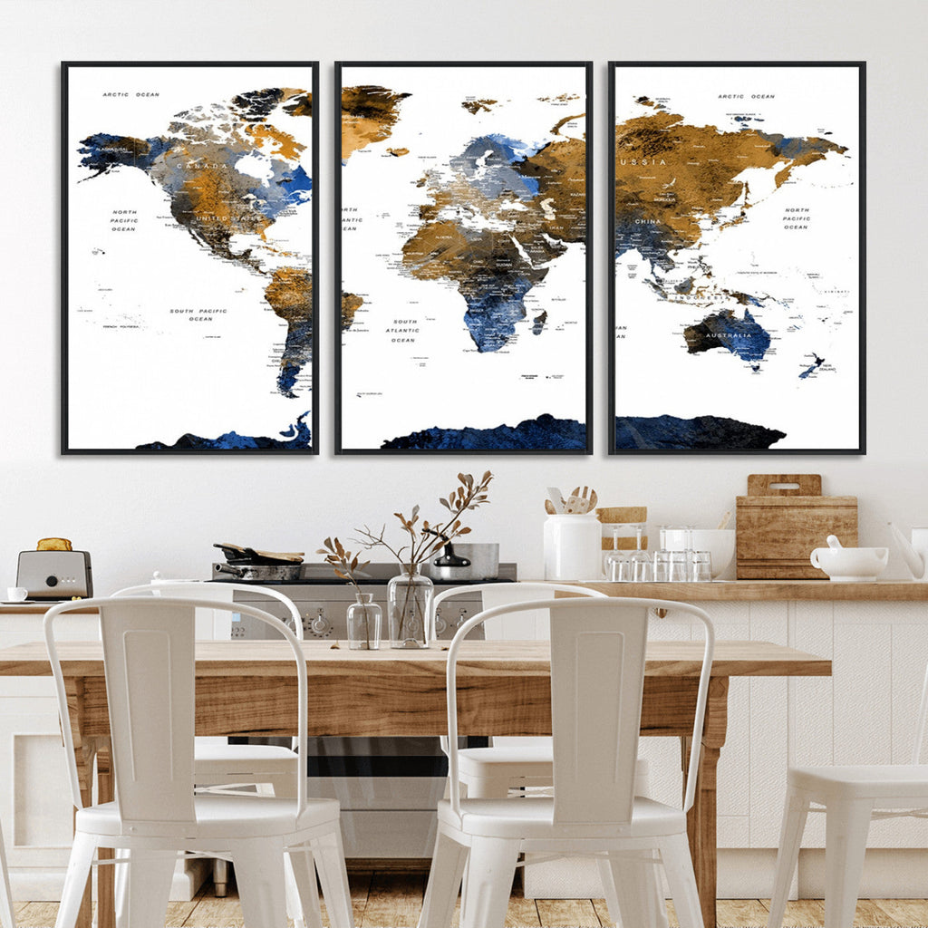 Modern Abstract World Map Canvas Wall Art | Framed Blue and Gold Map Print