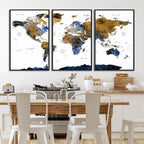 Modern Abstract World Map Canvas Wall Art | Framed Blue and Gold Map Print