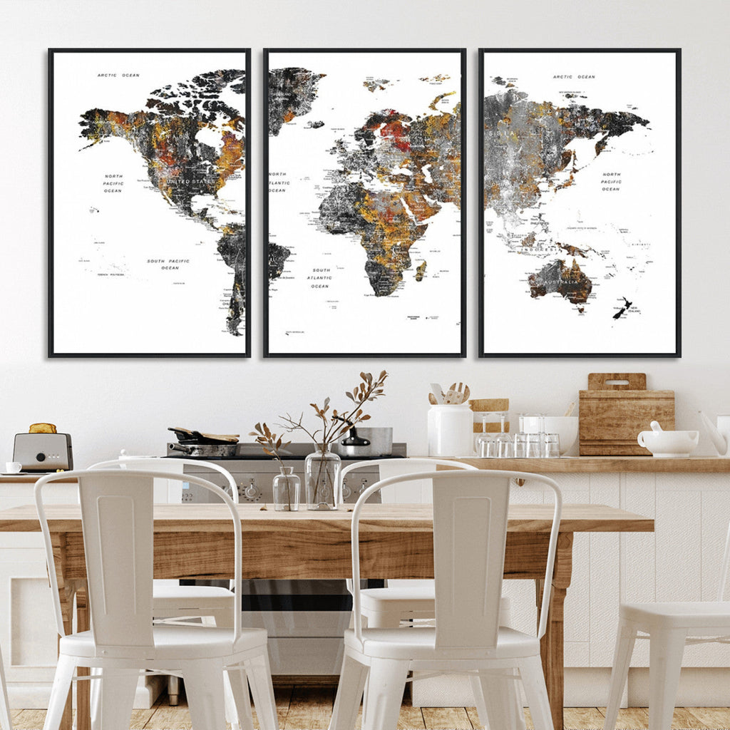 Modern Metallic World Map Canvas Wall Art | Framed Contemporary World Map Print