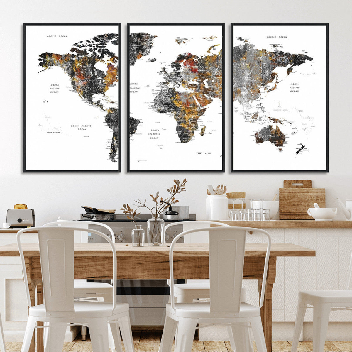 Modern Metallic World Map Canvas Wall Art | Framed Contemporary World Map Print