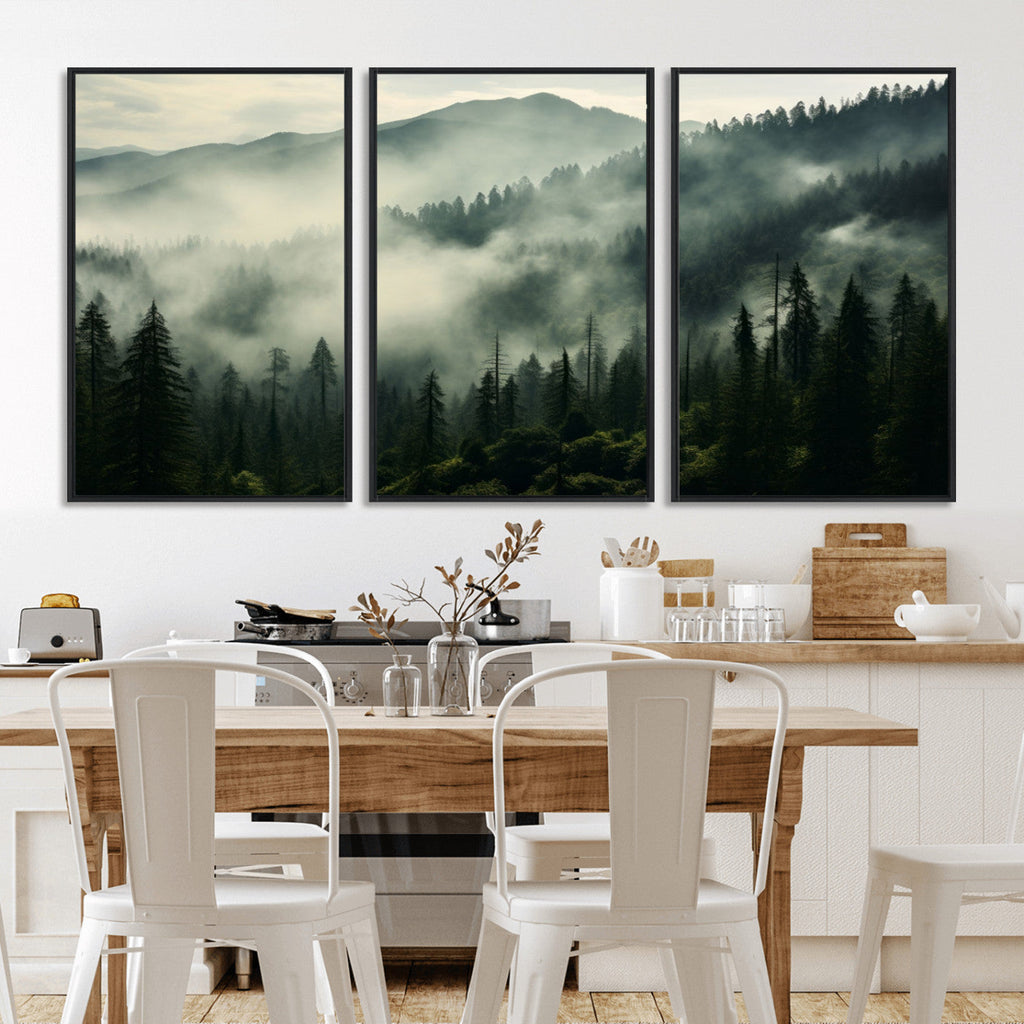 Captivating Misty Forest Wall Art Premium Canvas Print, A Foggy and Serene Atmosphere