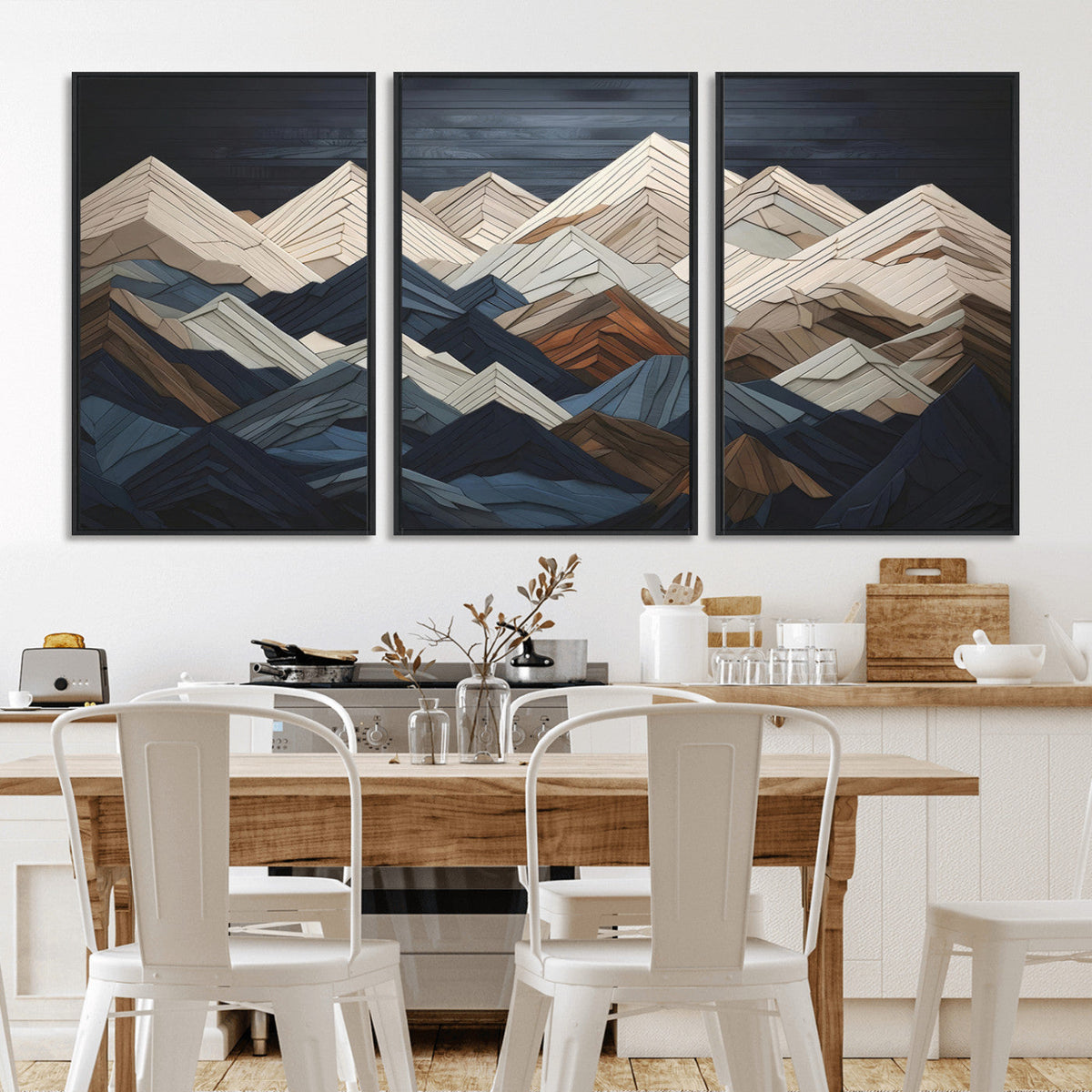 Rustic Mountain Landscape Wall Art Canvas Print, Framed 3D Wooden Effect Mountain Art