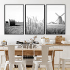 Vintage Farmhouse Black and White Triptych Wall Art, Giclee Canvas with Wheat Fields, Hay Bales and Windmill