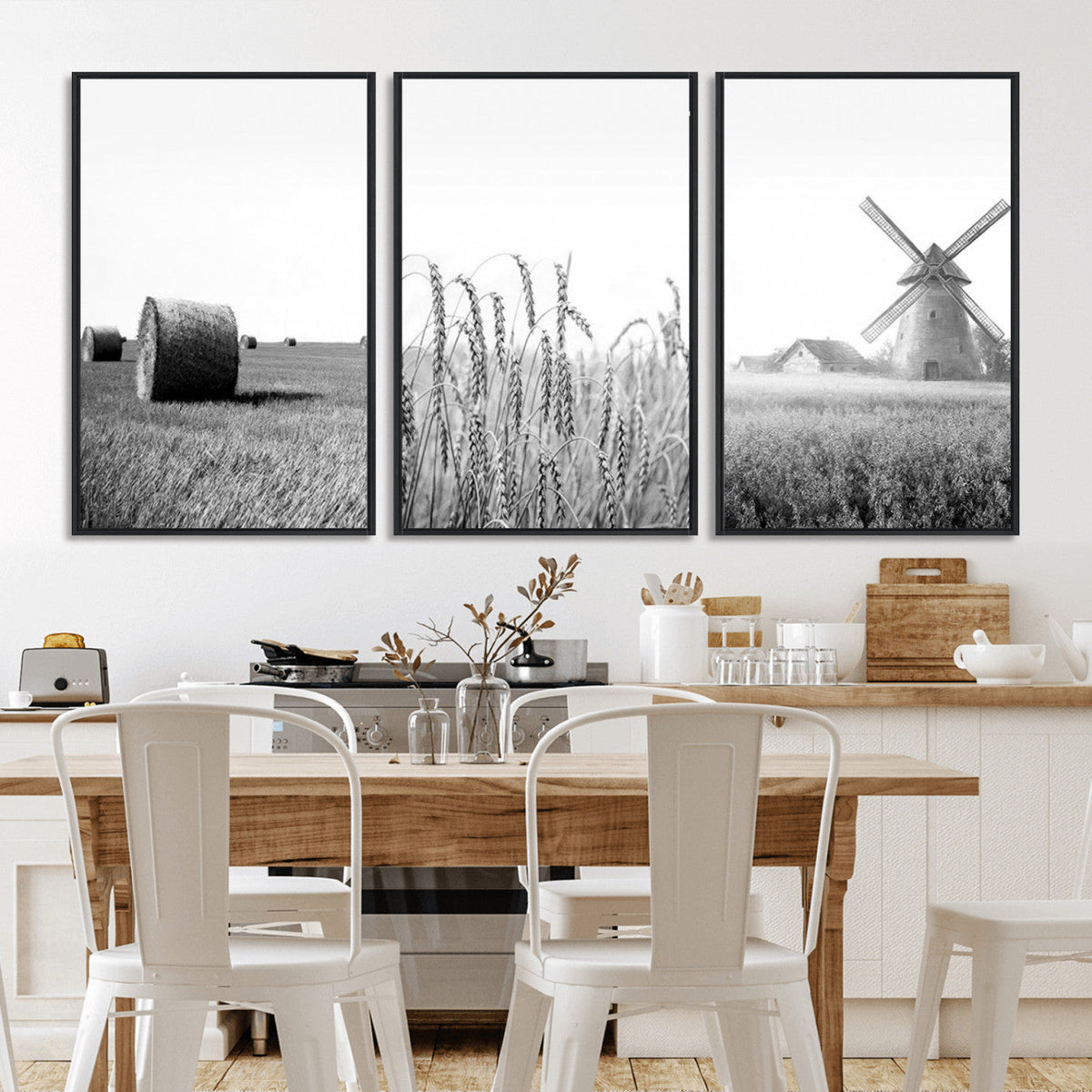Vintage Farmhouse Black and White Triptych Wall Art, Giclee Canvas with Wheat Fields, Hay Bales and Windmill