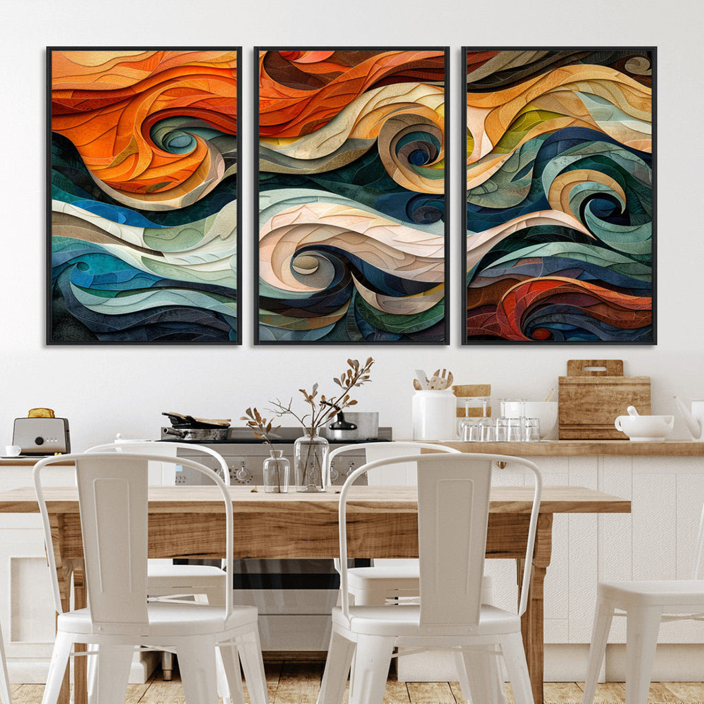 Abstract Wave Wall Art, Ready to Hang Framed Canvas Print | Extra Large 3 Piece Canvas Wall Art
