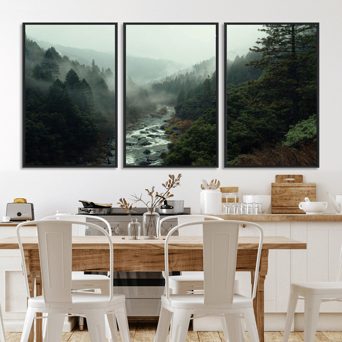 Misty Forest Wall Art, Tranquil Nature Landscape, Ready to Hang | Extra Large 3 Piece Canvas Wall Art
