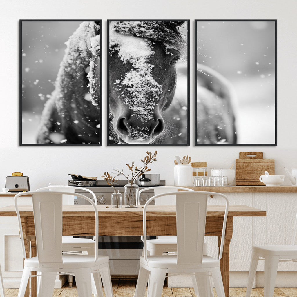 Black and White Horse Winter Wall Art, Ready to Hang