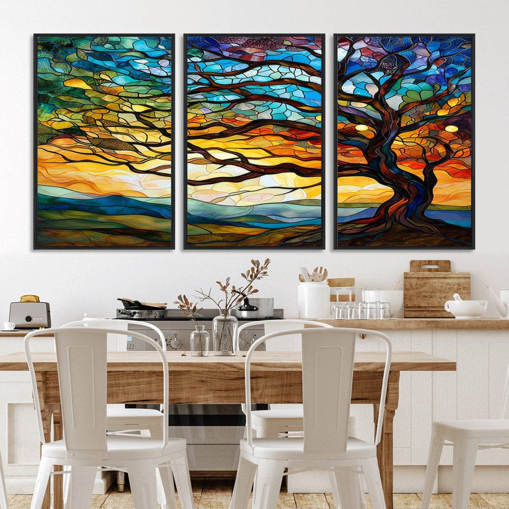 Vibrant Mosaic Tree of Life Wall Art, Stained Glass Style Canvas Print