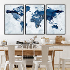Modern Blue World Map Canvas Print | Elegant Travel Map Wall Art for Home Office