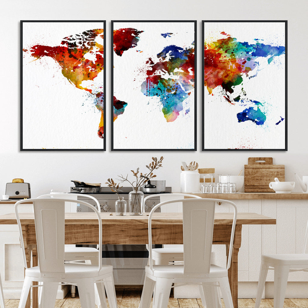 Colorful World Map Canvas Wall Art Print, Contemporary Global Map Artwork