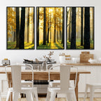 Sunlit Forest Wall Art Canvas Print, Large Framed Woodland Scene with Golden Light