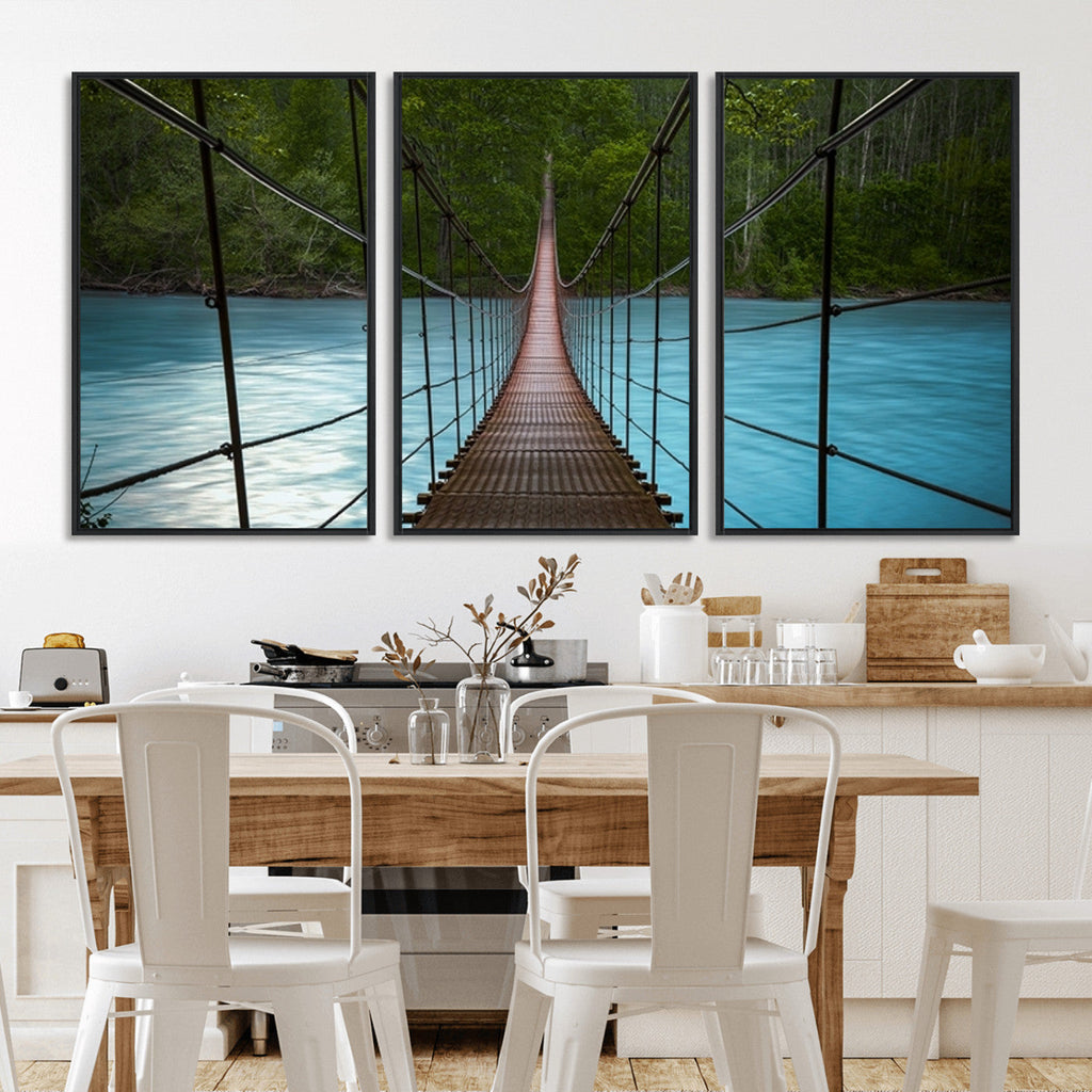 Suspension Bridge Over River Canvas Art | 3-Panel Nature Wall Art