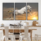 Large Wall Art Canvas Print, White Jumping Horse at Sunset