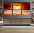 Red Sunset Ocean Beach Canvas Wall Art, Coastal Sunset Print