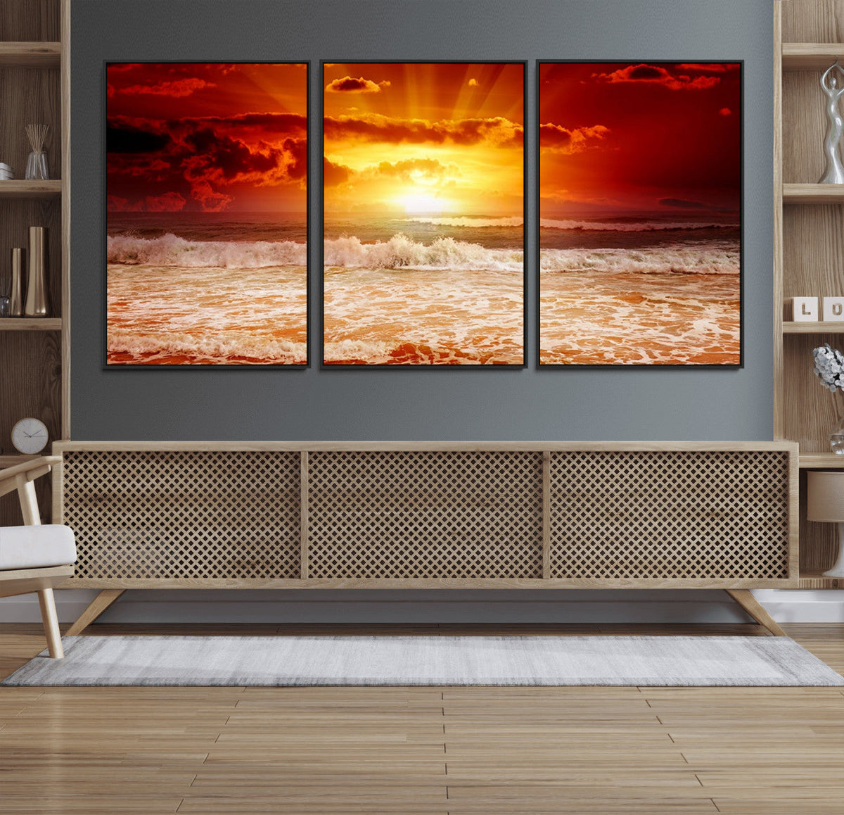 Red Sunset Ocean Beach Canvas Wall Art, Coastal Sunset Print