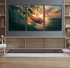 Ocean Wave Sunset Canvas Wall Art | Triptych Seascape Print