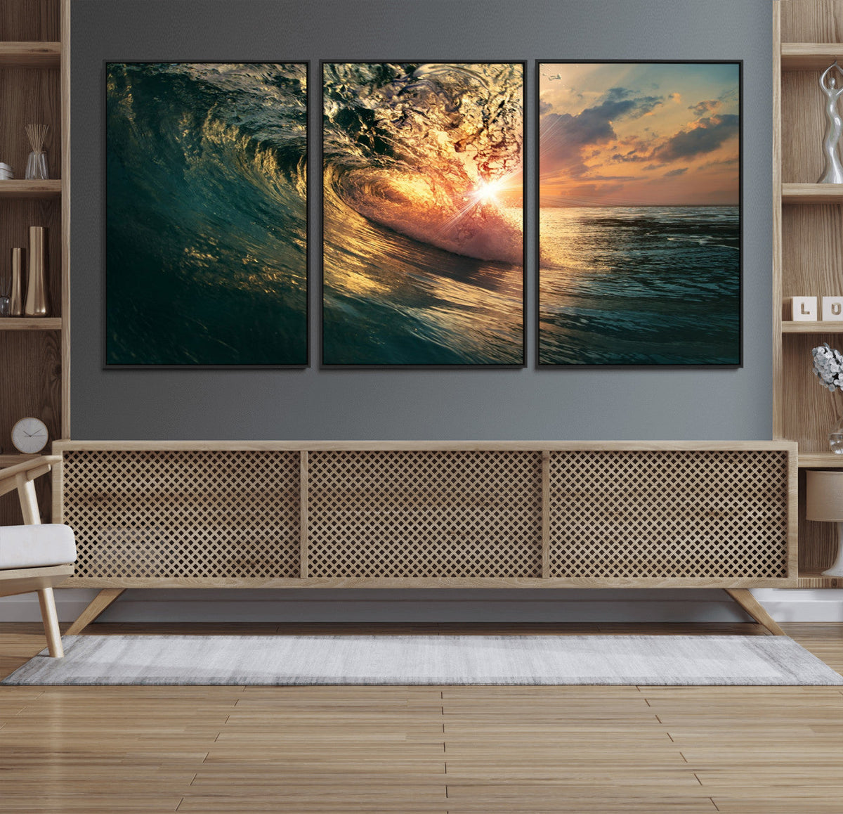 Ocean Wave Sunset Canvas Wall Art | Triptych Seascape Print