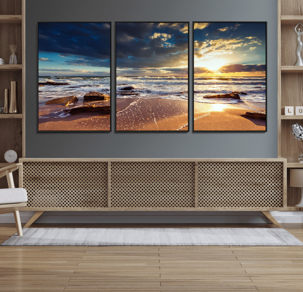 Golden Hour Beach Sunset Canvas Triptych, Ocean Waves and Rocks Wall Art
