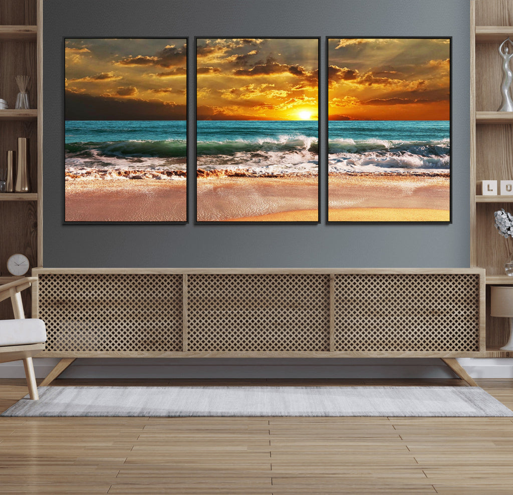 Golden Sunset Beach Canvas Wall Art | Triptych Seascape Print, Framed and Ready to Hang