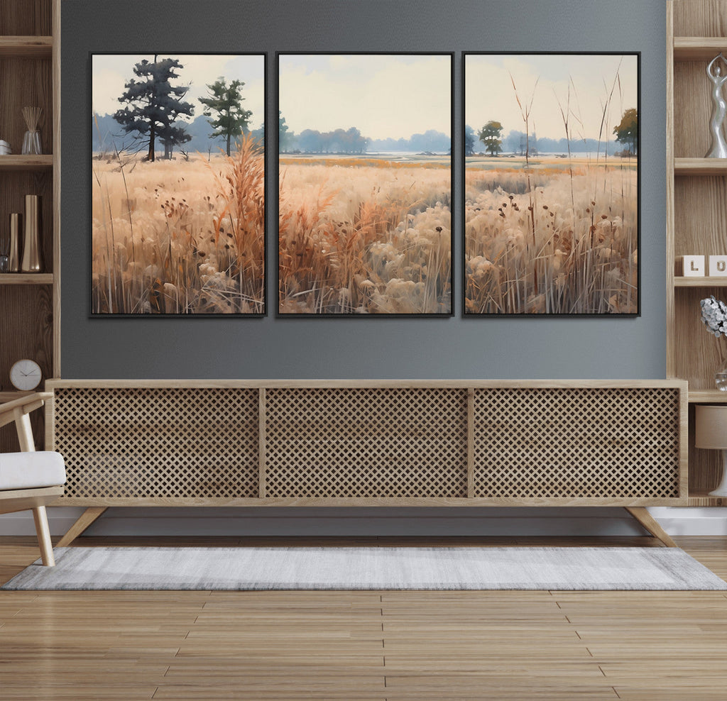 Golden Fields Canvas Wall Art Print | Serene Minimalist Landscape for Modern Decor