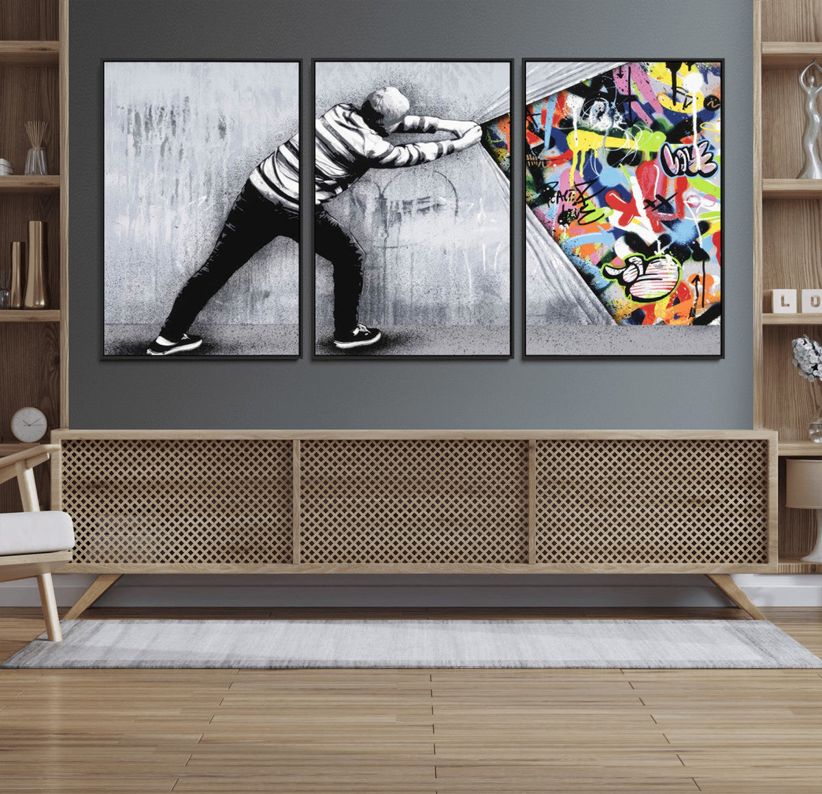 Banksy Art Behind the Curtain Street Wall Art Canvas Print | Urban Graffiti Style Wall Decor