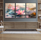 Lotus Flower Wall Art | 3 Panel Giclee Canvas Print of Pink Lotus Blossoms
