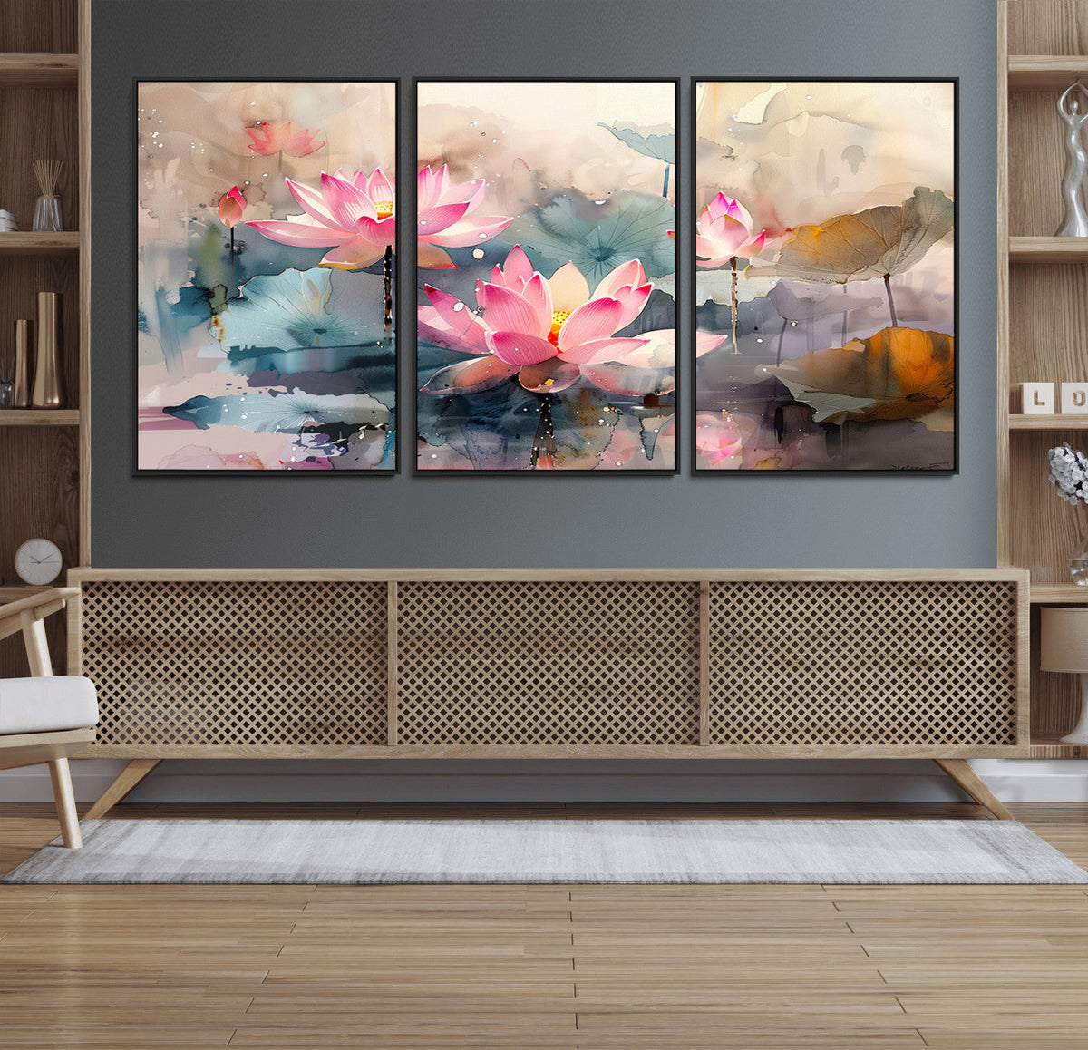 Lotus Flower Wall Art | 3 Panel Giclee Canvas Print of Pink Lotus Blossoms