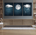 3 Piece Indigo Cloud Wall Art, Thunderstorm Moon Cloud Artwork