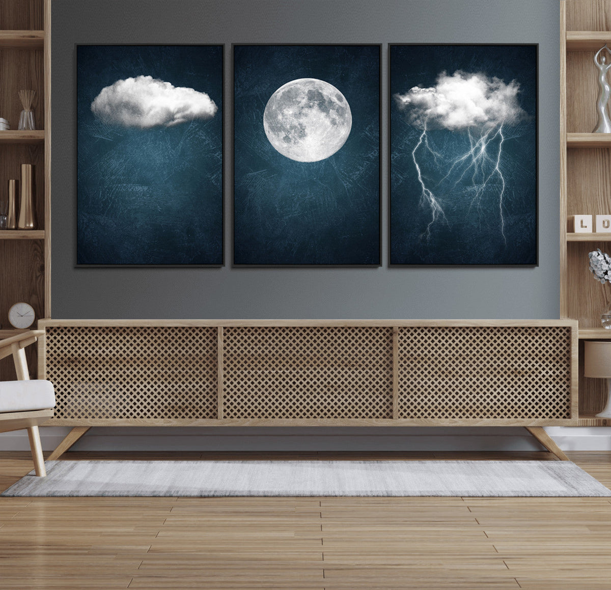 3 Piece Indigo Cloud Wall Art, Thunderstorm Moon Cloud Artwork