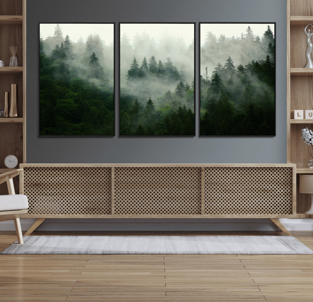 Misty Forest Wall Art | Tranquil Green Woodland Canvas Print