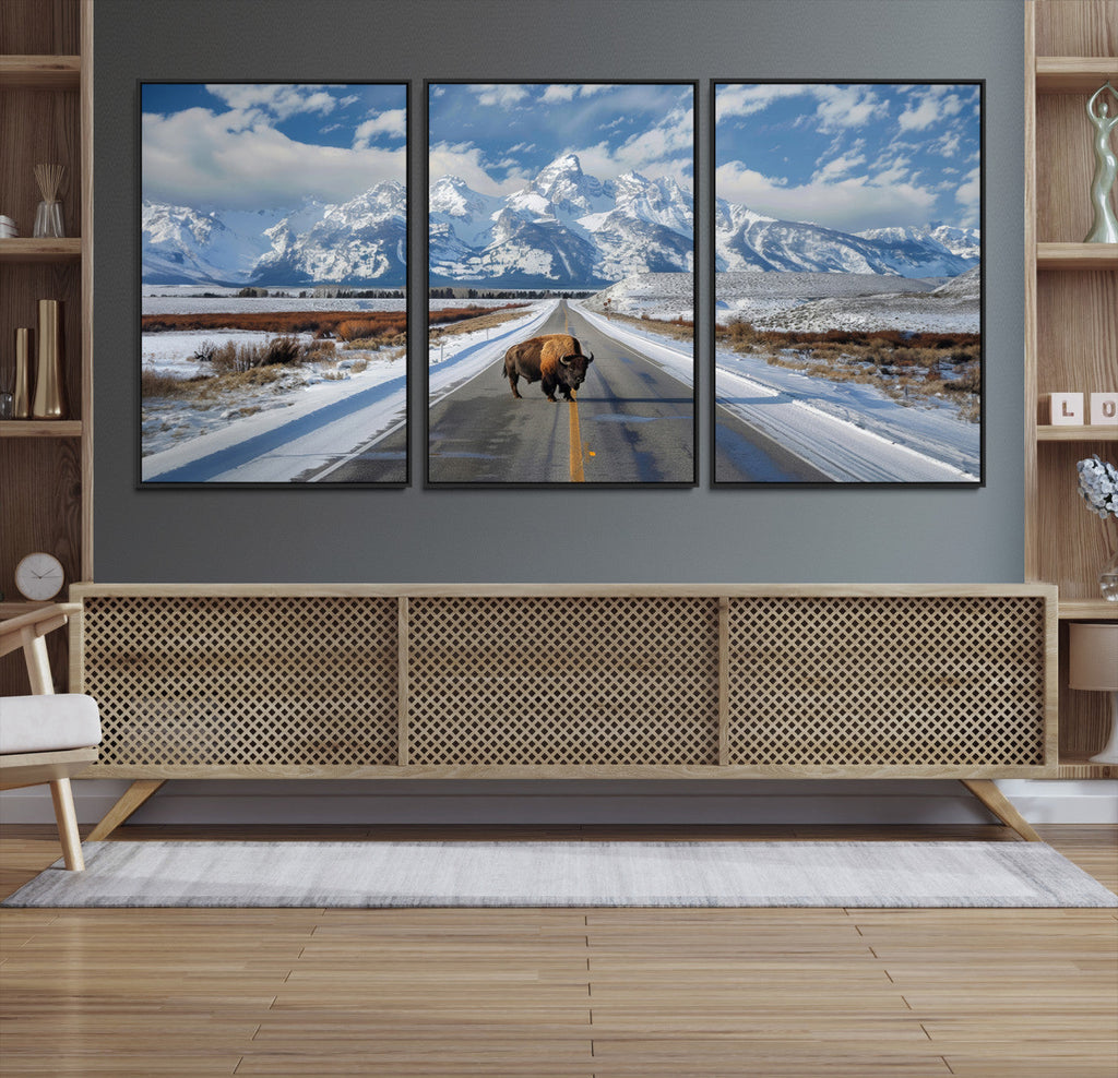 Bison Wall Art | Snowy Road Wall Art | Framed Mountain Landscape Canvas
