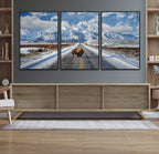 Bison Wall Art | Snowy Road Wall Art | Framed Mountain Landscape Canvas