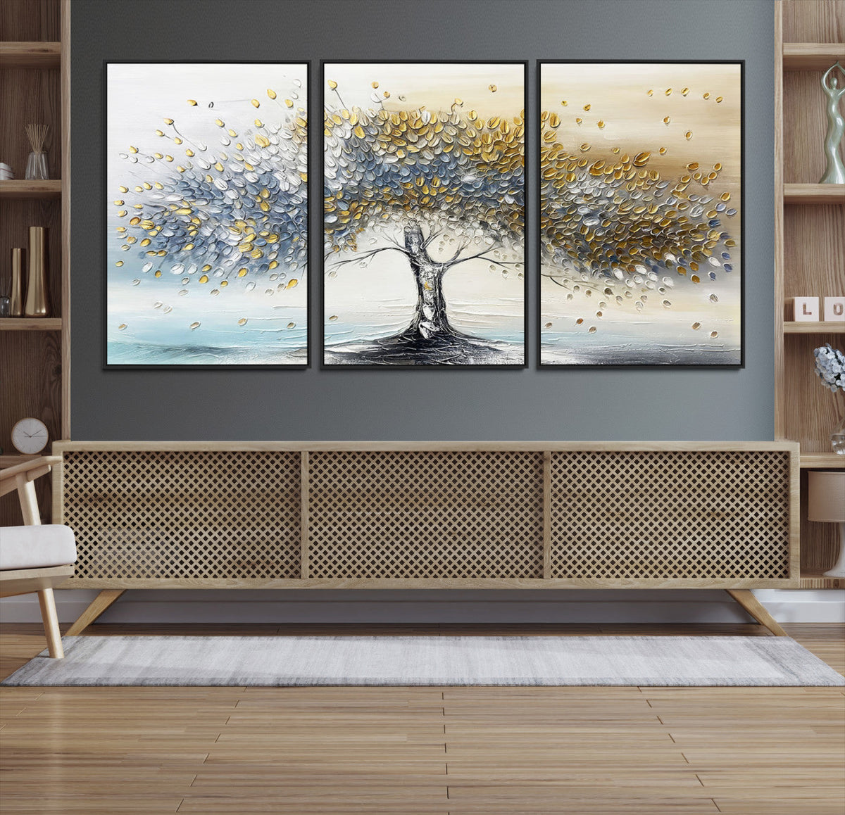 Silver Tree Wall Art | Framed Golden Leaves Canvas Artwork