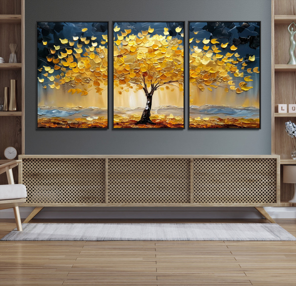 Golden Tree Wall Art | Framed Autumn Leaves Canvas Artwork